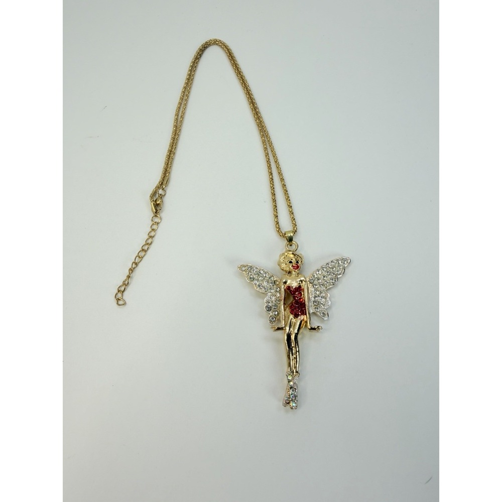 Red Rhinestone Wings Angel Elf Girl Fashion Women Pendant Necklace Gold Tone